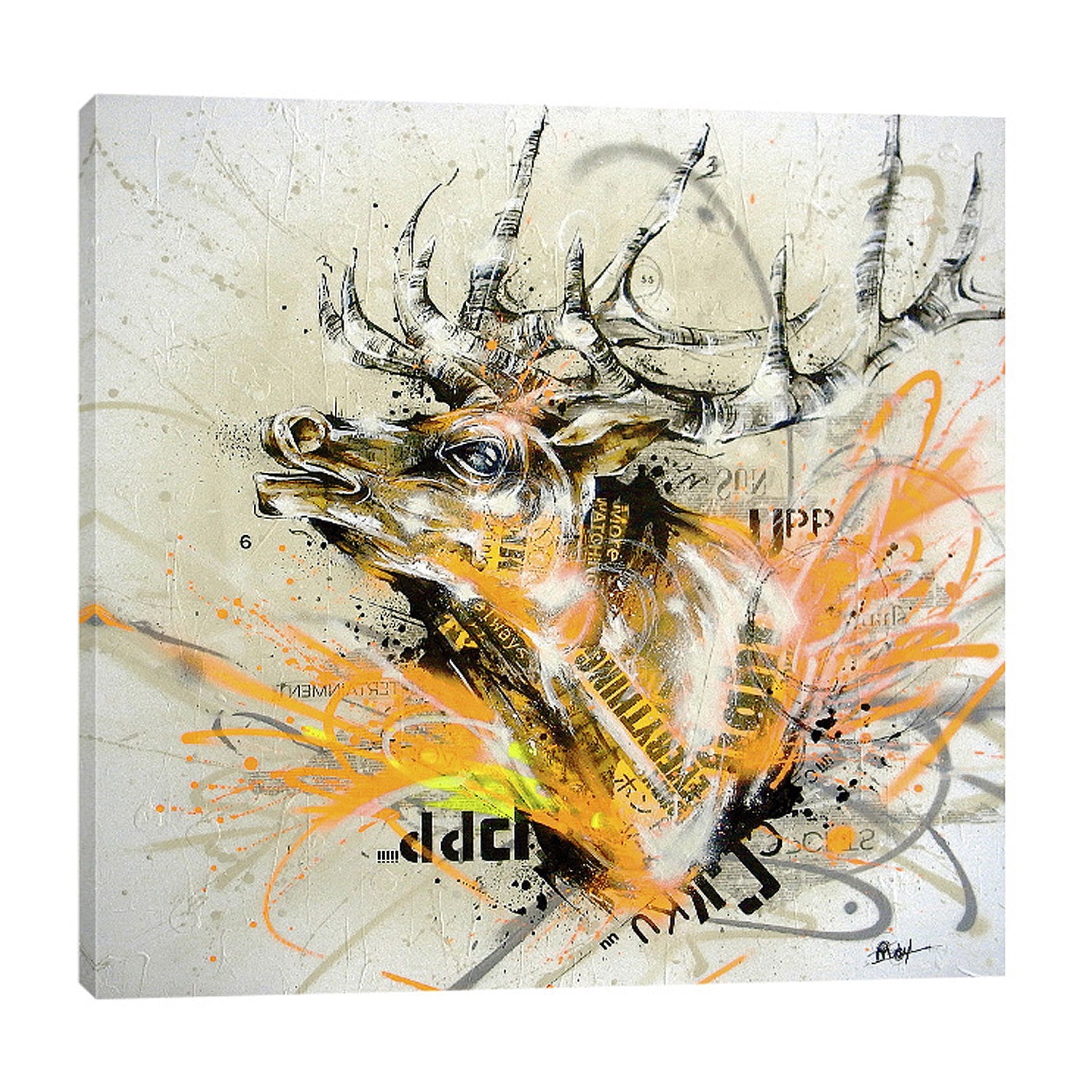 Taka-Sudo,Modern & Contemporary,Animals,deer,long horn,horns,animals,lines,splatter,orange,yellow,words and phrases,Red,Charcoal Gray,Rose Red,Purple,Black,Gray