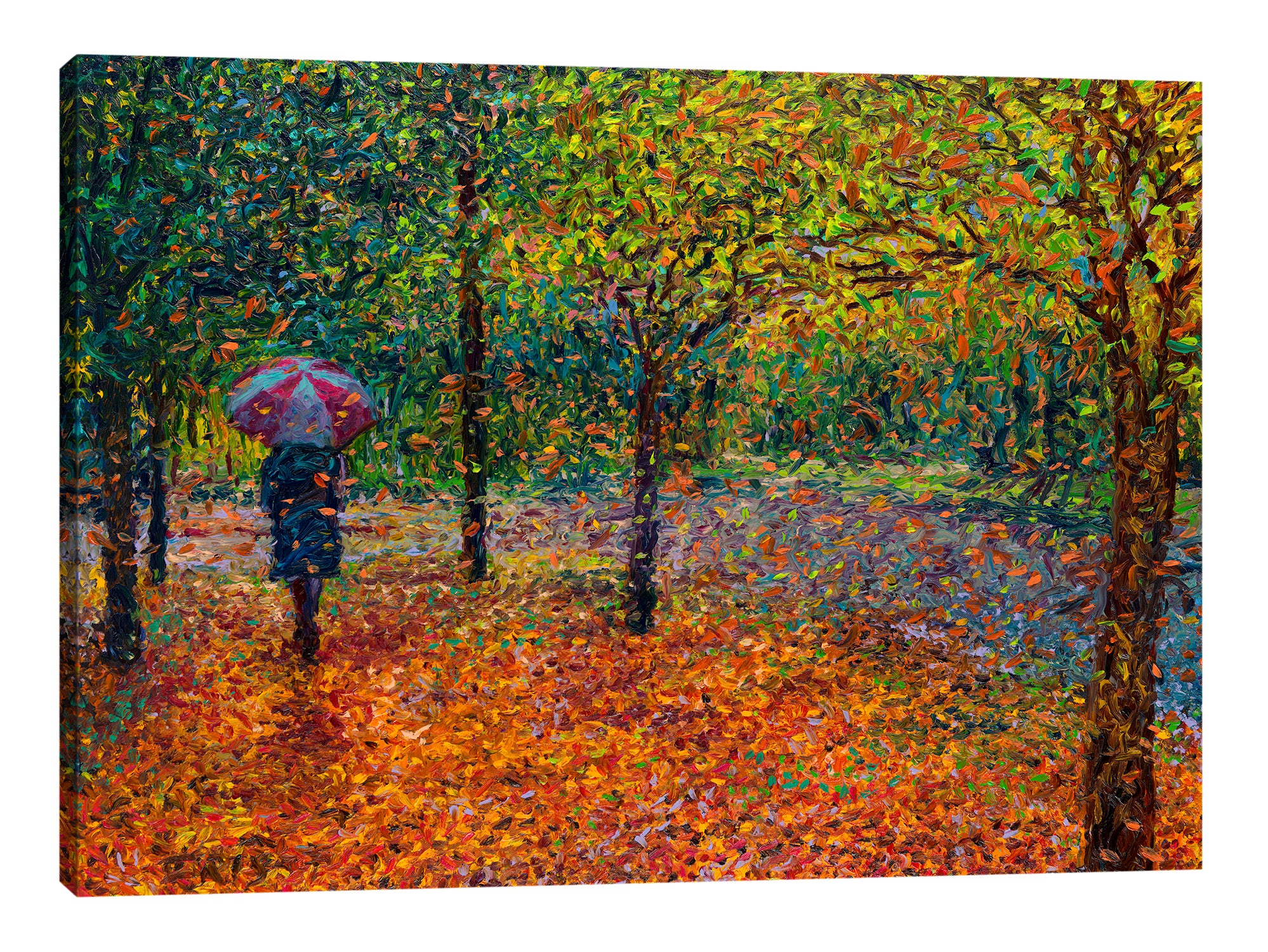 Iris-Scott,Modern & Contemporary,People,jacket,umbrella,trees,forests,fall,autumn,
