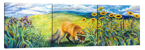 Iris-Scott, impressionism, animal, daisies, finger paint, fox, grass, green, Iris-Scott, landscape, multi-panel, surreal, yellow, multi-panel