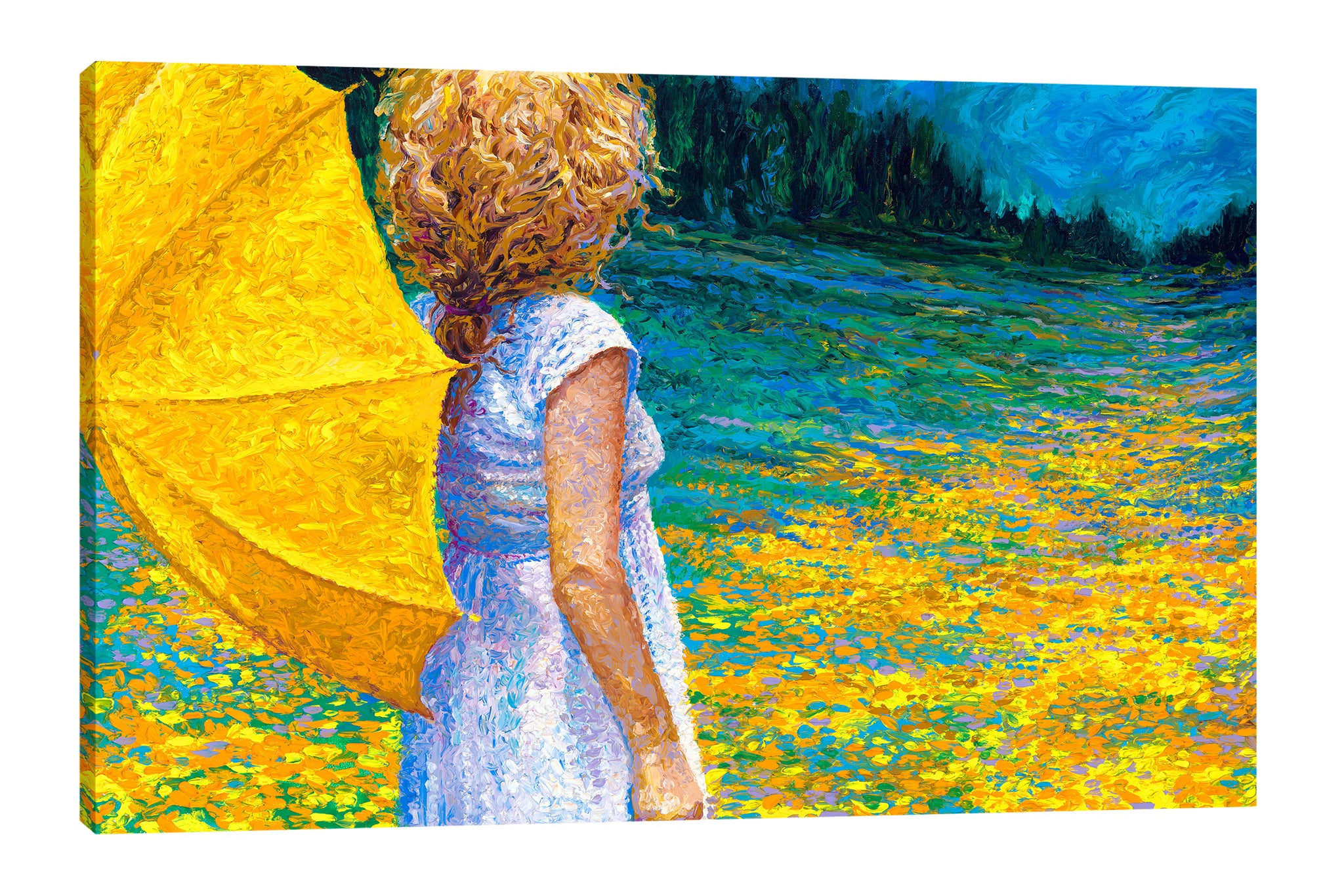 Iris-Scott,Modern & Contemporary,People,woman,women,lady,yellow,umbrella,florals,flowers,trees,forests,