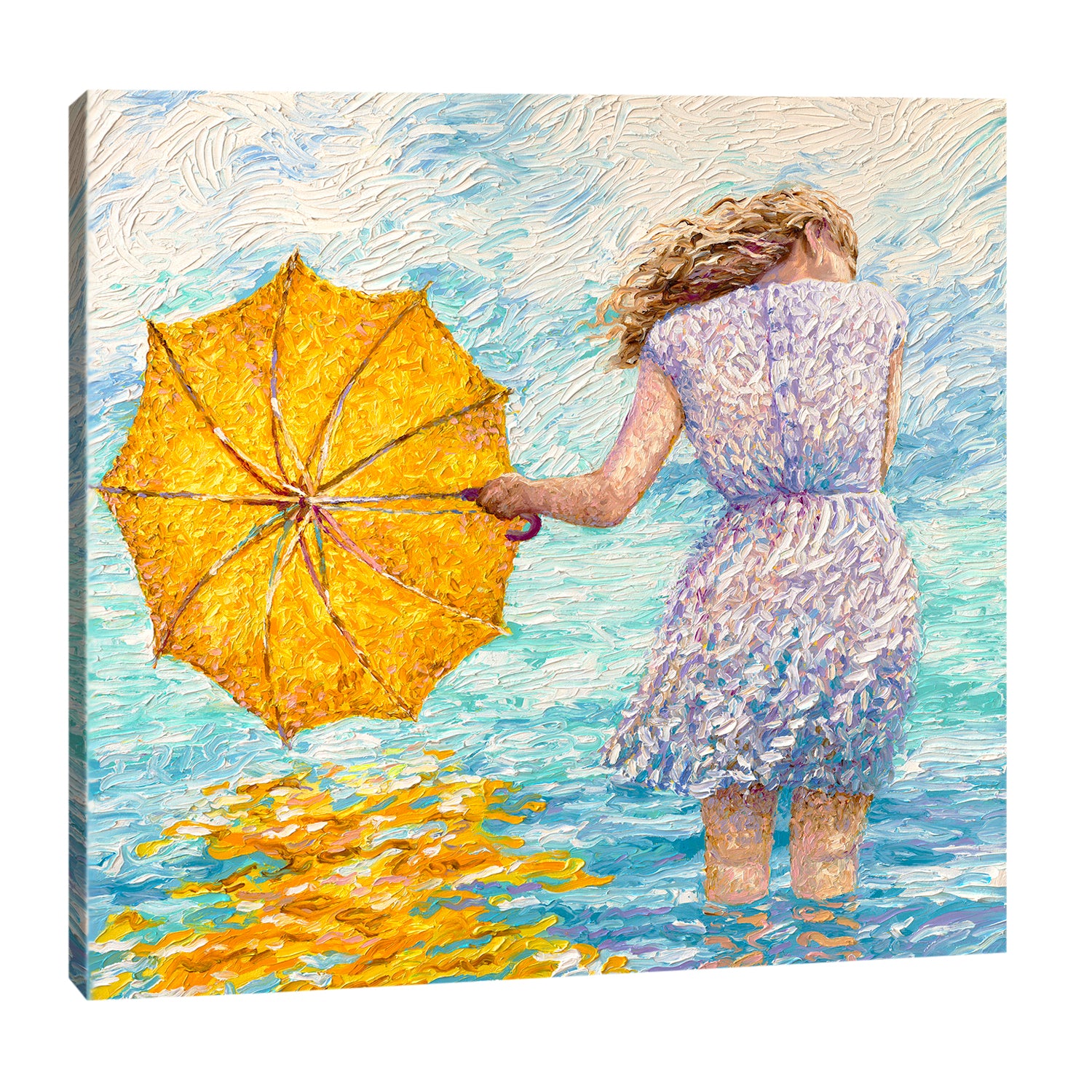 Iris-Scott,Modern & Contemporary,People,woman,women,dress,white dress,umbrella,yellow,water,
