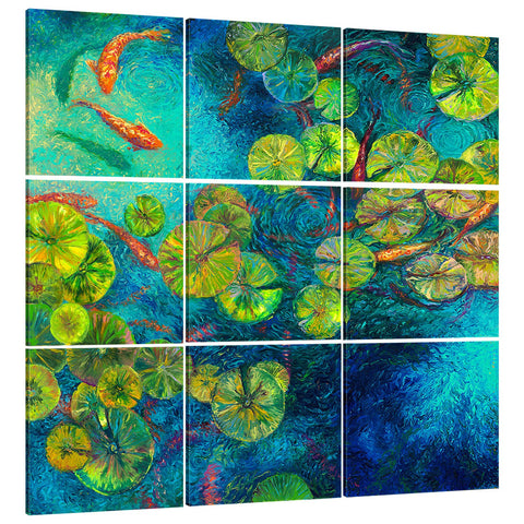 Iris-Scott, impressionism, animal, Animals, fish, Iris-Scott, lilies, lily pods, Modern & Contemporary, ponds, water, multi-panel