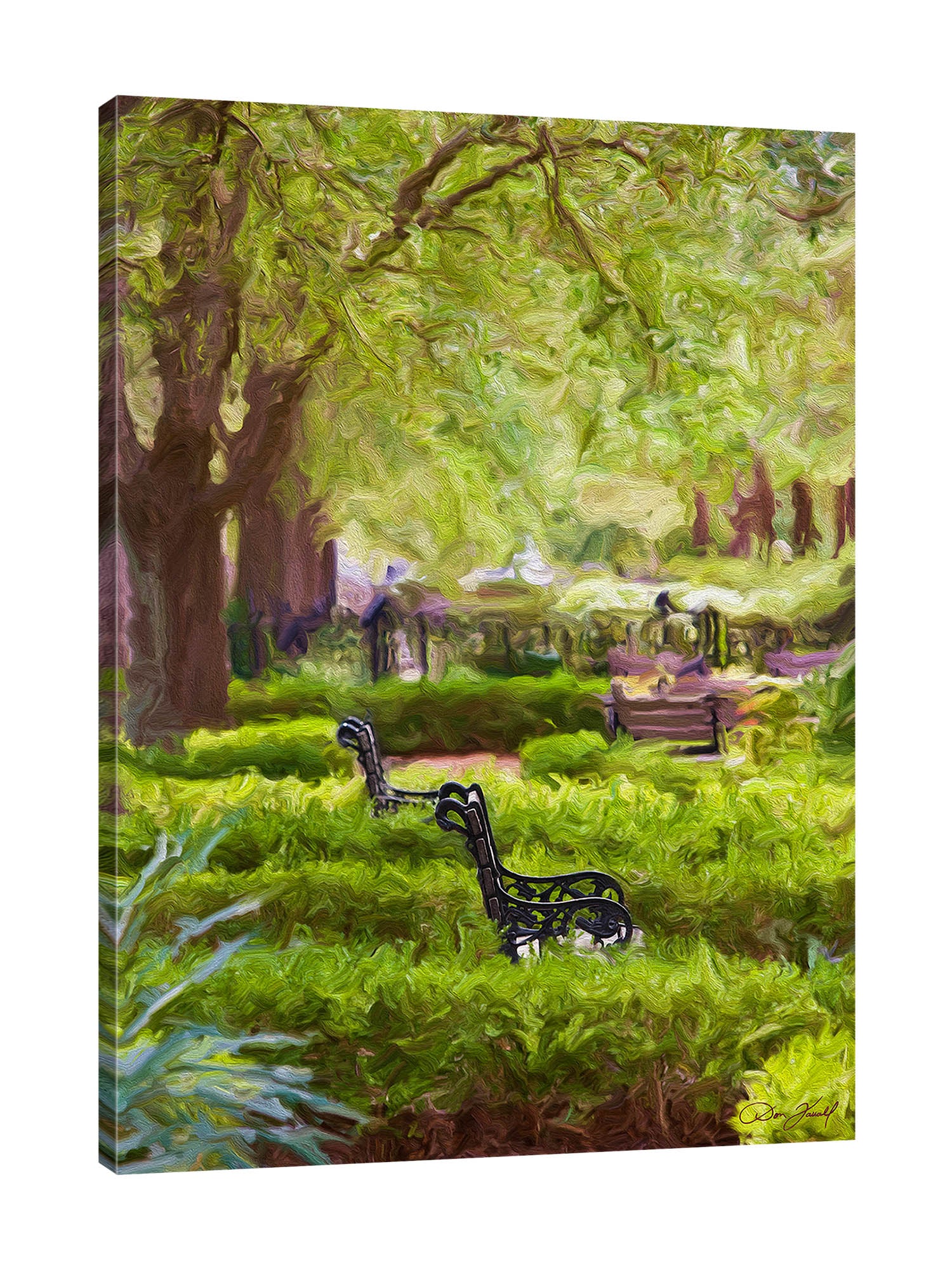 Don-Farrall,Modern & Contemporary,Landscape & Nature,trees,tree,chairs,bench,grass,landscape,swirls,Red,Charcoal Gray,Gray,Blue,Jade Blue