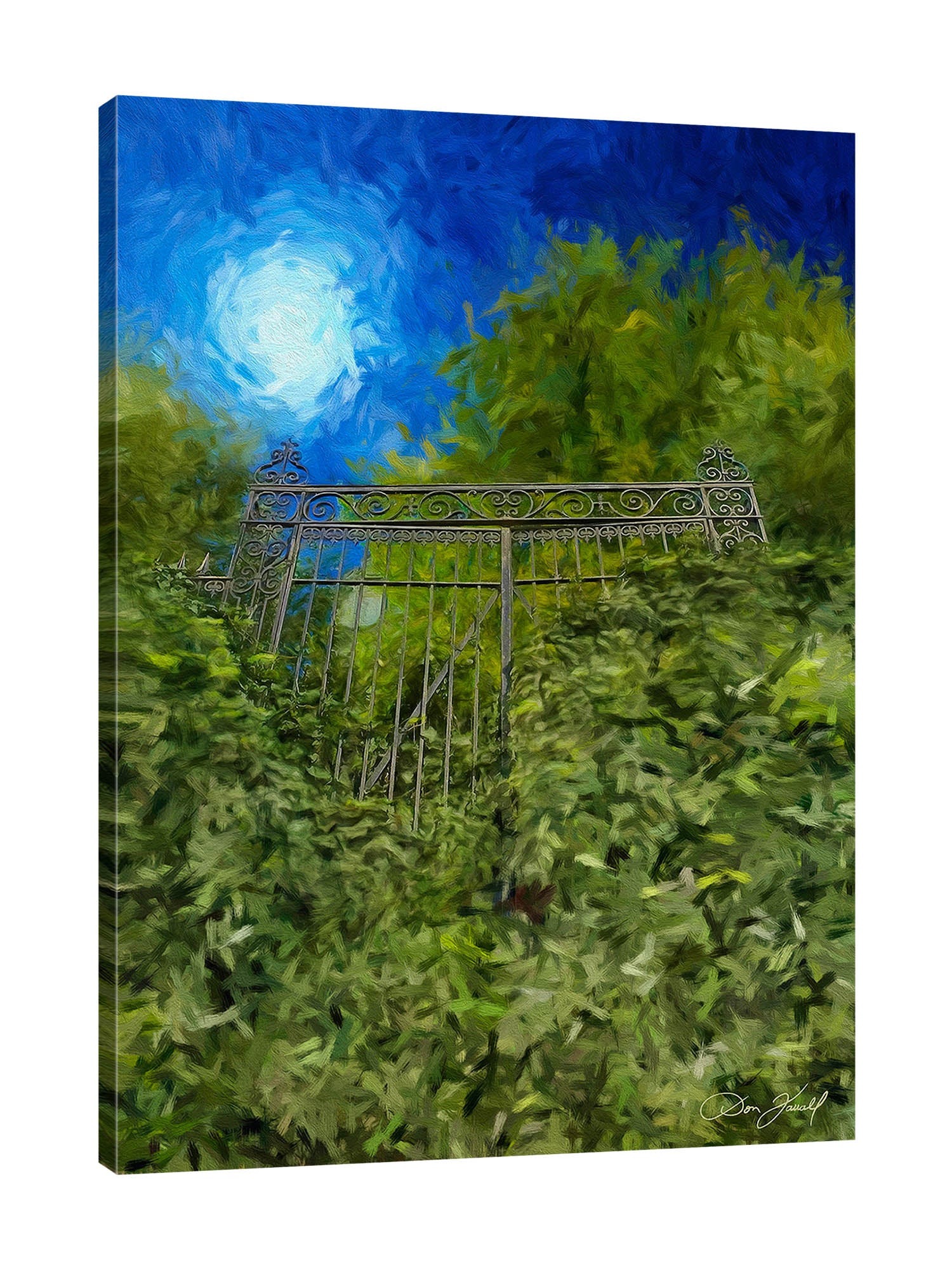 Don-Farrall,Modern & Contemporary,Landscape & Nature,grass,trees,moon,skies,clouds,gate,Red,Teal Blue,Black,Charcoal Gray,Blue,Navy Blue,Green