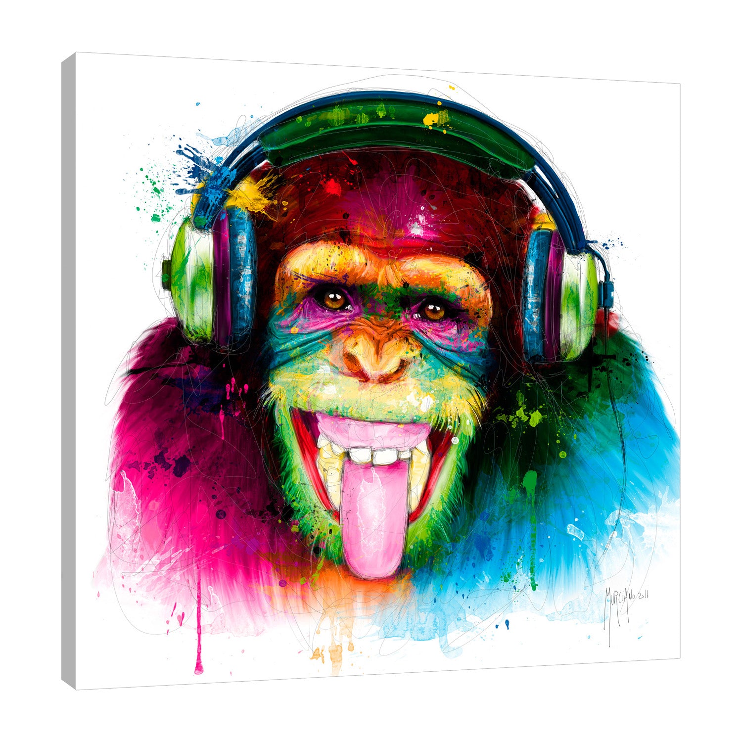 Patrice-Murciano,Modern & Contemporary,Animals,monkey,dj,music,paint drips,Sea Green,Coral Pink,Charcoal Gray,White,Black,Gray