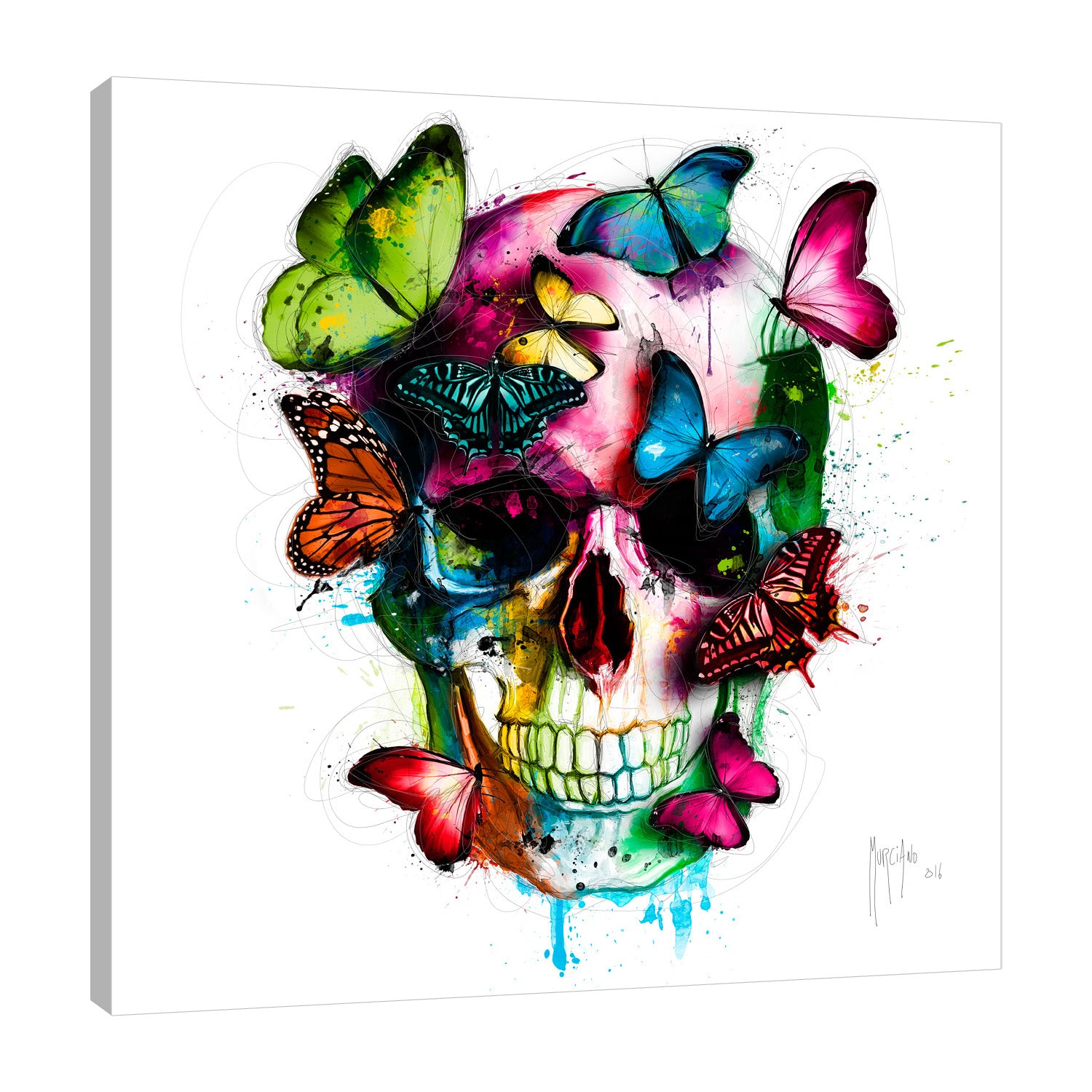 Patrice-Murciano,Modern & Contemporary,Animals,butterflies,skulls,bones,paint drips,Red,Mist Gray,Charcoal Gray,Coral Pink,Gray