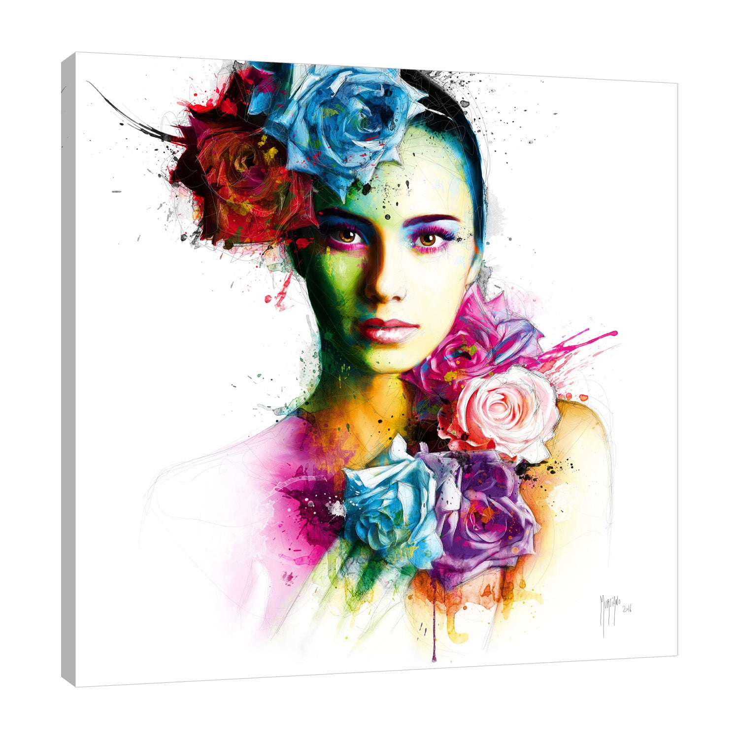 Patrice-Murciano,Modern & Contemporary,Floral & Botanical,woman,flowers,florals,splatters,Blue,Slate Gray,Red,White