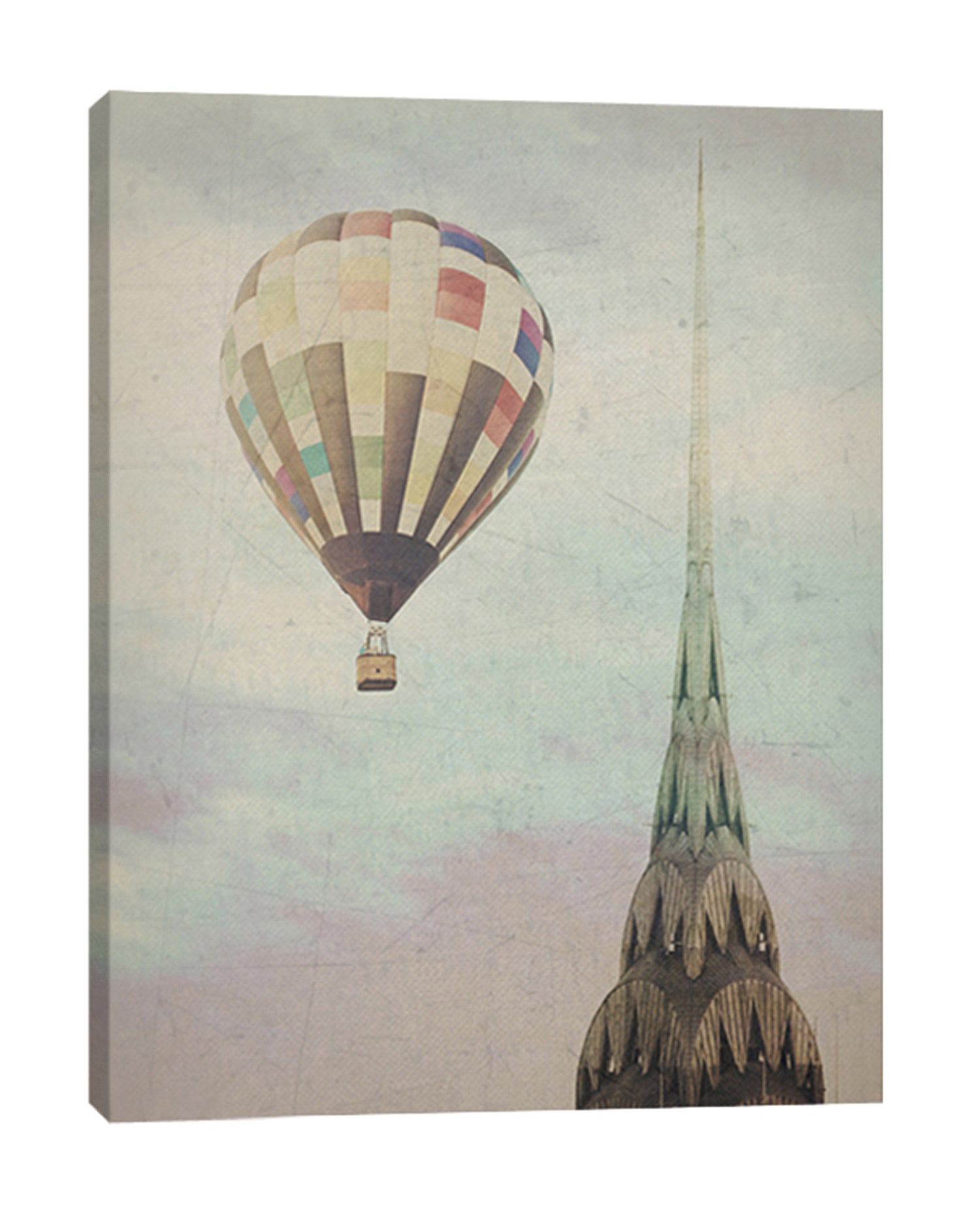 Ashley-Davis,Modern & Contemporary,Buildings & Cityscapes,hot air balloon,chrysler balloon,buildings,cityscrapes,Blue,Lime Green,Mint Blue,Charcoal Gray,Red,White,Gray