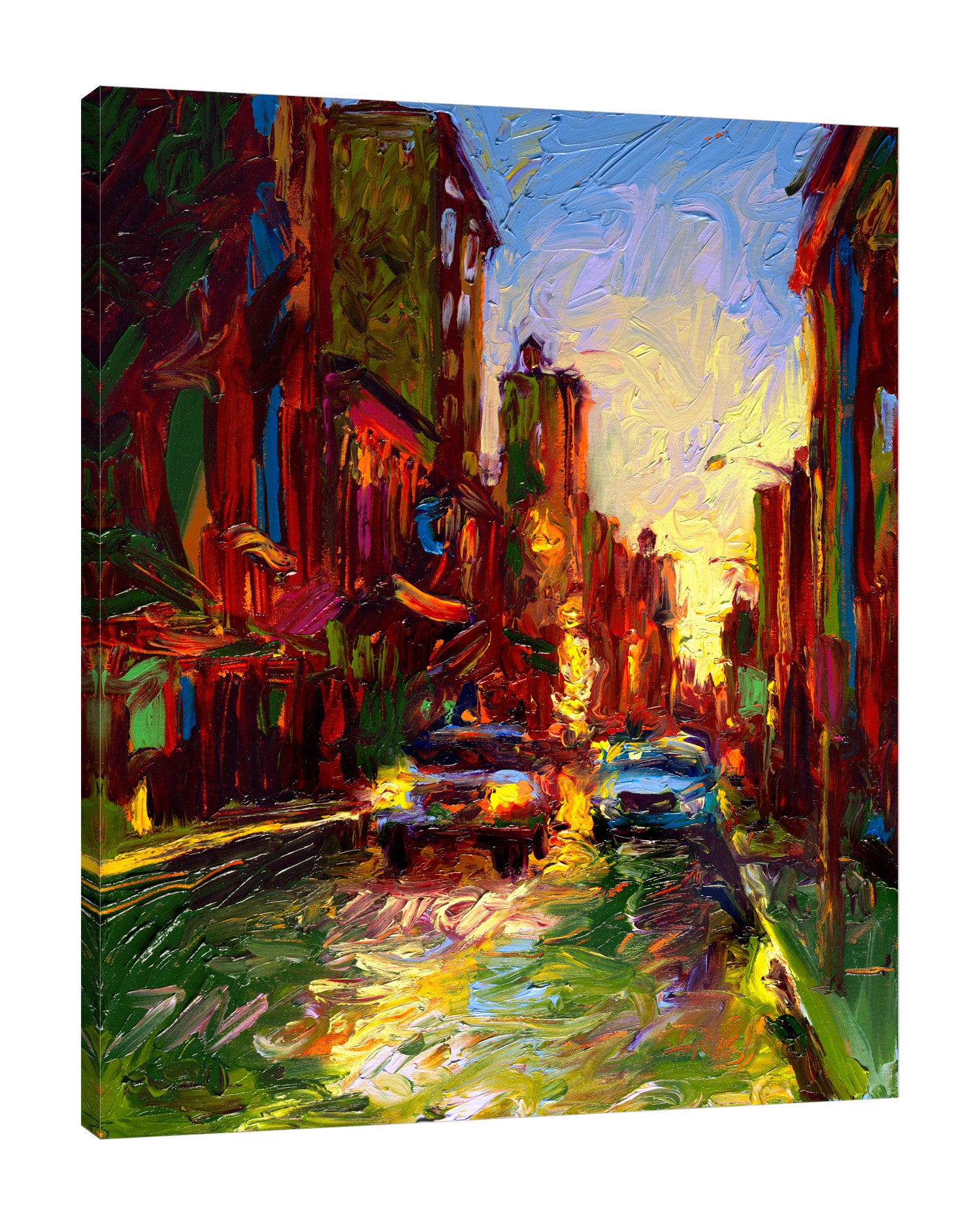 Iris-Scott,Modern & Contemporary,Buildings & Cityscapes,brooklyn,city,impressionism,scene,finger paint,taxis,cars,